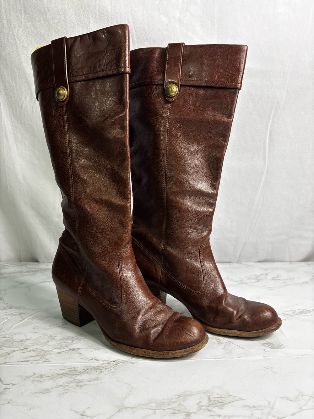 COACH Fayth Cognac Brown Leather Knee High Pull-On Heeled Boots Size 10